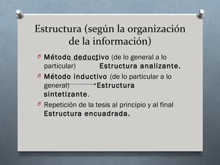 Estructura (según la organización
       de la información)
O Método deductivo (de lo general a lo
  particular)        Estructura analizante.
O Método inductivo (de lo particular a lo
  general)          Estructura
  sintetizante.
O Repetición de la tesis al principio y al final
  Estructura encuadrada.
 