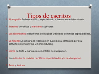 O
                    Tipos de escritosdeterminado.
    Monografía: Trabajo analítico especializado sobre un tema

O Tratados científicos y manuales superiores


O Las recensiones: Resúmenes de estudios y trabajos científicos especializados.


O La reseña: Es similar a la recensión en cuanto a su contenido, pero su
    estructura es mas breve y menos rigurosa.

O Libros de texto y manuales elementales de divulgación.


O Los artículos de revistas científicas especializadas y/o de divulgación


O Tesis y tesinas
 