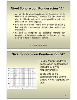 Ni l S P d ió “A”
Ni l S P d ió “A”
Nivel Sonoro con Ponderación “A”
Nivel Sonoro con Ponderación “A”
í
• A raíz de la dependencia de la frecuencia de la
sensación de sonoridad, se pensó que utilizando una
red de filtrado adecuada sería posible medir esa
red de filtrado adecuada sería posible medir esa
sensación en forma objetiva.
• Esta red de filtrado tendría que atenuar las bajas y
• Esta red de filtrado tendría que atenuar las bajas y
las muy altas frecuencias, dejando las medias casi
inalteradas.
• El oído se comporta de diferente manera con
respecto a la dependencia de la frecuencia para
í
diferentes niveles físicos del sonido.
U.T.N. F.R.M - Sist. de Sonido 27
Nivel Sonoro con Ponderación “A”
• Se diseñan tres redes de
d ió d f i
ponderación de frecuencia
llamadas A, B y C
ti t
respectivamente.
• Existe una buena
correlación entre el nivel
sonoro A y la respuesta del
y p
oído.
28
 