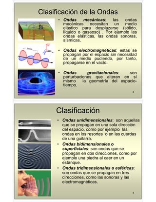Clasificación de la Ondas
• Ondas mecánicas: las ondas
mecánicas necesitan un medio
lá ti d l ( ólid
elástico para desplazarse (sólido,
líquido o gaseoso) . Por ejemplo las
ondas elásticas, las ondas sonoras,
í i
sísmicas.
• Ondas electromagnéticas: estas se
• Ondas electromagnéticas: estas se
propagan por el espacio sin necesidad
de un medio pudiendo, por tanto,
propagarse en el vacío
propagarse en el vacío.
• Ondas gravitacionales: son
g
perturbaciones que alteran en sí
mismo la geometría del espacio-
tiempo.
3
tiempo.
Clasificación
• Ondas unidimensionales: son aquellas
que se propagan en una sola dirección
del espacio, como por ejemplo las
ondas en los resortes o en las cuerdas
de una guitarra
de una guitarra.
• Ondas bidimensionales o
superficiales: son ondas que se
propagan en dos direcciones, como por
ejemplo una piedra al caer en un
estanque
estanque.
• Ondas tridimensionales o esféricas:
son ondas que se propagan en tres
direcciones, como las sonoras y las
electromagnéticas.
4
 