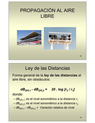 PROPAGACIÓN AL AIRE
PROPAGACIÓN AL AIRE
LIBRE
LIBRE
39
Ley de las Distancias
y
Forma general de la ley de las distancias al
aire libre, sin obstáculos:
dBSPL1 - dBSPL2 = 20 . log [r2 / r1]
donde:
– dBSPL1; es el nivel sonométrico a la distancia r1
dBSPL1; es el nivel sonométrico a la distancia r1
– dBSPL2; es el nivel sonométrico a la distancia r2
dB dB V i ió l ti d i l
– dBSPL1 - dBSPL2 = Variación relativa de nivel
40
 