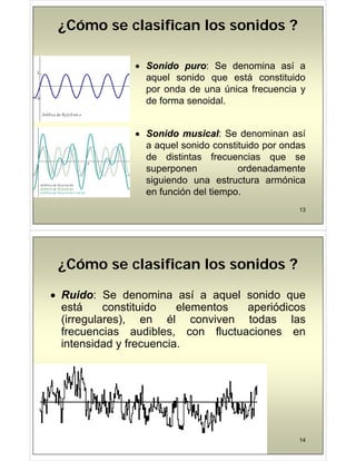 ¿Cómo se clasifican los sonidos ?
¿Cómo se clasifican los sonidos ?

 Sonido
Sonido puro
puro: Se denomina así a
aquel sonido que está constituido
por onda de una única frecuencia y
por onda de una única frecuencia y
de forma senoidal.

 Sonido
Sonido musical
musical: Se denominan así
l id tit id d
a aquel sonido constituido por ondas
de distintas frecuencias que se
superponen ordenadamente
superponen ordenadamente
siguiendo una estructura armónica
en función del tiempo.
13
¿Cómo se clasifican los sonidos ?
¿Cómo se clasifican los sonidos ?
¿Cómo se clasifican los sonidos ?
¿Cómo se clasifican los sonidos ?
R id
R id S d i í l id

 Ruido
Ruido: Se denomina así a aquel sonido que
está constituido elementos aperiódicos
(irregulares) en él conviven todas las
(irregulares), en él conviven todas las
frecuencias audibles, con fluctuaciones en
intensidad y frecuencia
intensidad y frecuencia.
14
 