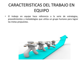 CARACTERISTICAS DEL TRABAJO EN
EQUIPO
• El trabajo en equipo hace referencia a la serie de estrategias,
procedimientos y metodologías que utiliza un grupo humano para lograr
las metas propuestas.
 