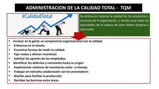 ADMINISTRACION DE LA CALIDAD TOTAL - TQM
Se enfoca en mejorar la calidad de los productos y
servicios de la organización, y recalca que todas las
actividades de la cadena de valor deben dirigirse a
esta meta.
 Inculcar en la gente un compromiso organizacional con la calidad.
 Enfocarse en el cliente.
 Encontrar formas de medir la calidad.
 Fijar metas y ofrecer incentivos
 Solicitar los aportes de los empleados
 Identificar los defectos y rastrearlos hasta su origen
 Implementar sistemas de inventarios Justo –a-tiempo
 Trabajar en estrecha colaboración con los proveedores
 Diseñar para facilitar la producción
 Derribar las barreras entre áreas.
 