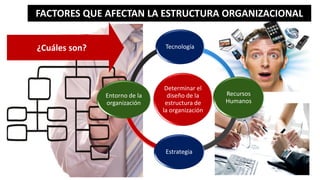 Determinar el
diseño de la
estructura de
la organización
Tecnología
Recursos
Humanos
Estrategia
Entorno de la
organización
¿Cuáles son?
FACTORES QUE AFECTAN LA ESTRUCTURA ORGANIZACIONAL
 