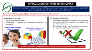 RETROALIMENTACION EFICAZ DEL DESEMPEÑO
Las evaluaciones formales:
 Fechas determinadas del año
 Dimensiones y medidas del desempeño estipuladas de
antemano.
Midiendo las ventas con los
reportes de ventas
La atención al cliente por
medio de una EEBC
Las Evaluaciones Informales:
 Gerentes y subordinados se reúnen en los momentos
oportunos para analizar el progreso en curso y las áreas
que deben mejorarse.
 Cuando las actividades o las metas del puesto cambian,
una retroalimentación oportuna es crucial.
La información recabada ayuda a determinar cómo distribuir los incrementos de sueldo y los bonos.
Para que la evaluación y retroalimentación del desempeño promueva y motive un desempeño superior, los
gerentes deben brindar retroalimentación a sus subordinados.
Para contar con información útil para retroalimentaciones, se pueden recurrir a :
 