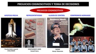 PREJUICIOS COGNOSCITIVOS Y TOMA DE DECISIONES
PREJUICIOS COGNOSCITIVOS
HIPOTESIS PREVIA REPRESENTATIVIDAD ILUSION DE CONTROL COMPROMISO AGRAVADO
MONTGOMERY WARD
Seawell Avery
NISSAN
Katsuji Kawamata
Transbordador espacial
CHALLENGER
 
