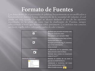 Los datos dentro de un procesador de palabras, frecuentemente se ven modificados o
formateados en distintas formas, dependiendo de la necesidad del redactor, el cual
puede ser muy variado. Su logro se alcanza mediante el uso de las opciones
encontradas en la viñeta de inicio bajo la clasificación de Fuentes, siempre
seleccionando el texto que deseamos editar previamente. Los atributos más comunes
son los de negrilla, itálico, subrayado, cambio de color o tamaño.
                             Tachado      Atributo que permite incrustar una
                                          línea de anulación entre
                                          Una palabra, por ejemplo: Nulo
                             Subíndice    Crea letras minúsculas bajo la línea
                                          normal del texto. Por
                                          Ejemplo la formula log2*3, notemos
                                          que el dos está bajo la
                                          Línea normal
                            Superíndice   A diferencia de la subíndice, esta
                                          ubica el texto sobre la línea
                                          Normal, muy común en ecuaciones
                                          como x2+x+x1/2
              Mayúscula y Minúscula       Permite el cambio de un texto o
                                          párrafo de MAYUSCULA a
                                          minúscula y viceversa, así como
                                          otras clasificaciones entre
                                          Ellas el estilo oración.
 