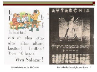 Características do Fascismo Totalitarismo O Estado controla em absoluto a vida política, económica, social e cultural. “ Tudo no estado, nada contra o estado, nada fora do estado”. 