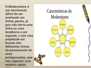 O Modernismo é 
um movimento 
difícil de ser 
analisado em 
linhas gerais, já 
que não havia uma 
linha ou uma 
tendência a ser 
seguida, e sim uma 
amplitude em 
função das 
diferentes linhas 
de pensamento de 
seus 
protagonistas, que 
não seguiam uma 
estética rígida, 
aliás esse era o 
 