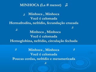 MINHOCA (La # menor) ♫

        ♫ Minhoca , Minhoca
            Você é celomada
Hermafrodita, nefrídio, fecundação cruzada
                                     ♫
   ♫
          Minhoca , Minhoca
          Você é celomada
Hemoglobina, nefrídio, circulação fechada

   ♫      Minhoca , Minhoca           ♫

           Você é celomada
 Poucas cerdas, nefrídio e metamerizada
                     ♫
 