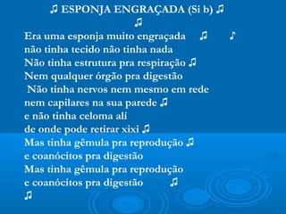 ♫ ESPONJA ENGRAÇADA (Si b) ♫
                        ♫
Era uma esponja muito engraçada ♫    ♪
não tinha tecido não tinha nada
Não tinha estrutura pra respiração ♫
Nem qualquer órgão pra digestão
 Não tinha nervos nem mesmo em rede
nem capilares na sua parede ♫
e não tinha celoma alí
de onde pode retirar xixi ♫
Mas tinha gêmula pra reprodução ♫
e coanócitos pra digestão
Mas tinha gêmula pra reprodução
e coanócitos pra digestão      ♫
♫
 