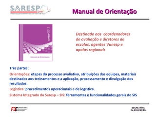 Manual de Orientação Destinado aos  coordenadores de avaliação e diretores de escolas, agentes Vunesp e apoios regionais Três partes:  Orientações:  etapas do processo avaliativo, atribuições das equipes, materiais destinados aos treinamentos e a aplicação, processamento e divulgação dos resultados.  Logística:  procedimentos operacionais e de logística. Sistema Integrado do Saresp – SIS:  ferramentas e funcionalidades gerais do SIS 