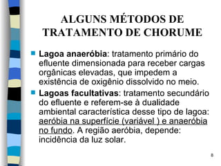 ALGUNS MÉTODOS DE TRATAMENTO DE CHORUME L agoa anaeróbia :  tratamento primário do efluente dimensionada para receber cargas orgânicas elevadas, que impedem a   existência de oxigênio dissolvido no meio.  L agoas facultativas :  tratamento secundário do efluente e referem-se à dualidade   ambiental característica desse tipo de lagoa:  aeróbia na superfície  (variável )  e anaeróbia   no fundo . A região aeróbia, depende :  incidência da luz solar .   