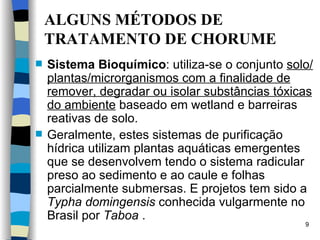 ALGUNS MÉTODOS DE TRATAMENTO DE CHORUME Sistema  B ioquímico :  utiliza -se  o conjunto  solo/plantas/microrganismos com a finalidade de remover, degradar ou isolar substâncias tóxicas do ambiente   baseado em wetland e barreiras reativas de solo.  Geralmente, estes sistemas de purificação hídrica utilizam plantas aquáticas emergentes que se desenvolvem tendo o sistema radicular preso ao sedimento e ao caule e folhas parcialmente submersas.  E  projetos tem sido a  Typha domingensis  conhecida vulgarmente no Brasil por  Taboa  .   