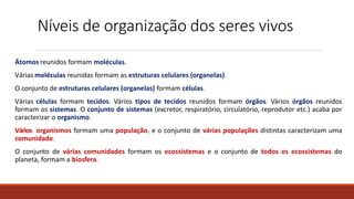 Níveis de organização dos seres vivos
Átomos reunidos formam moléculas.
Várias moléculas reunidas formam as estruturas celulares (organelas).
O conjunto de estruturas celulares (organelas) formam células.
Várias células formam tecidos. Vários tipos de tecidos reunidos formam órgãos. Vários órgãos reunidos
formam os sistemas. O conjunto de sistemas (excretor, respiratório, circulatório, reprodutor etc.) acaba por
caracterizar o organismo.
Vários organismos formam uma população, e o conjunto de várias populações distintas caracterizam uma
comunidade.
O conjunto de várias comunidades formam os ecossistemas e o conjunto de todos os ecossistemas do
planeta, formam a biosfera.
 