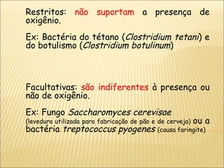 Restritos:  não suportam  a presença de oxigênio.  Ex: Bactéria do tétano ( Clostridium tetani ) e do botulismo ( Clostridium botulinum ) Facultativas:  são indiferentes  à presença ou não de oxigênio.  Ex: Fungo  Saccharomyces cerevisae  (levedura utilizada para fabricação de pão e de cerveja)  ou a bactéria  treptococcus pyogenes  (causa faringite) 