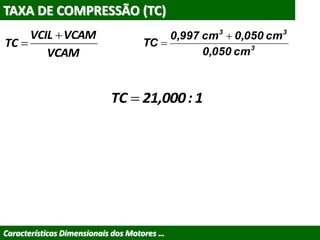 TAXA DE COMPRESSÃO (TC)
Características Dimensionais dos Motores …
3
33
cm0,050
cm0,050cm0,997
TC


1:21,000TC 
VCAM
VCAMVCIL
TC


 