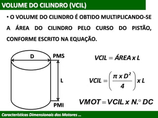 VOLUME DO CILINDRO (VCIL)
• O VOLUME DO CILINDRO É OBTIDO MULTIPLICANDO-SE
A ÁREA DO CILINDRO PELO CURSO DO PISTÃO,
CONFORME ESCRITO NA EQUAÇÃO.
Características Dimensionais dos Motores …
LxÁREAVCIL 
Lx
4
Dxπ
VCIL
2







PMS
PMI
L
D
DCN.xVCILVMOT 
 
