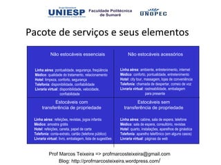 Pacote de serviços e seus elementos
            Não estocáveis essenciais                          Não estocáveis acessórios


 Linha aérea: pontualidade, segurança, freqüência         Linha aérea: ambiente, entretenimento, internet
 Médico: qualidade do tratamento, relacionamento          Médico: conforto, pontualidade, entretenimento
 Hotel: limpeza, conforto, segurança                      Hotel: city tour, massagem, lojas de conveniência
 Telefonia: disponibilidade, confiabilidade               Telefonia: chamada de despertar, correio de voz
 Livraria virtual: disponibilidade, velocidade,           Livraria virtual: rastreabilidade, embalagem
                   confiabilidade                                            para presente

             Estocáveis com                                        Estocáveis sem
      transferência de propriedade                          transferência de propriedade

 Linha aérea: refeições, revistas, jogos infantis         Linha aérea: cabine, sala de espera, telefone
 Médico: amostra grátis                                   Médico: sala de espera, consultório, revistas
 Hotel: refeições, caneta, papel de carta                 Hotel: quarto, instalações, aparelhos de ginástica
 Telefonia: conta-extrato, cartão (telefone público)      Telefonia: aparelho telefônico (em alguns casos)
 Livraria virtual: livro, embalagem, lista de sugestões   Livraria virtual: páginas da web


           Prof Marcos Teixeira => profmarcosteixeira@gmail.com
                Blog: http://profmarcosteixeira.wordpress.com/
 