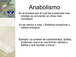 Anabolismo
Es el proceso por el cual las sustancias mas
simples se convierten en otras mas
complejas.
Va de menos a mas. ( Sintetiza sustancias y
utilizan energía).
Ejemplo: La síntesis de carbohidratos, lípidos,
proteínas, que a su vez forman células y
tejidos y que ayudan a crecer .
 