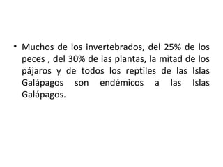 Muchos de los invertebrados, del 25% de los peces , del 30% de las plantas, la mitad de los pájaros y de todos los reptiles de las Islas Galápagos son endémicos a las Islas Galápagos. 
