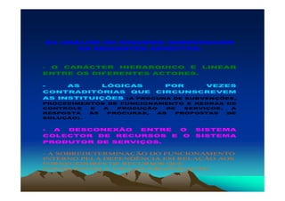 DA ANÁLISE DO ESQUEMA SOBRESSAIEM
      OS SEGUINTES ASPECTOS:



- O CARÁCTER HIERARQUICO E LINEAR
ENTRE OS DIFERENTES ACTORES.

-    AS     LÓGICAS      POR      VEZES
CONTRADITÓRIAS QUE CIRCUNSCREVEM
AS INSTITUIÇÕES (A PROCURA DE SUBVENÇÕES,
PROCEDIMENTOS DE FUNCIONAMENTO E REGRAS DE
CONTROLE  E  A  PRODUÇÃO   DE  SERVIÇOS,  A
RESPOSTA  ÀS  PROCURAS,  AS  PROPOSTAS   DE
SOLUÇÃO).


- A DESCONEXÃO   ENTRE O         SISTEMA
COLECTOR DE RECURSOS E O         SISTEMA
PRODUTOR DE SERVIÇOS.

- A SOBREDETERMINAÇÃO DO FUNCIONAMENTO
INTERNO PELA DEPENDÊNCIA EM RELAÇÃO AOS
FORNECEDORES DE RECURSOS QUE
CONDICIONAM A VIDA DA ORGANIZAÇÃO.
 