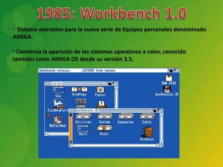 • Sistema operativo para la nueva serie de Equipos personales denominado
AMIGA.

• Comienza la aparición de los sistemas operativos a color, conocido
también como AMIGA OS desde su versión 3.5.
 