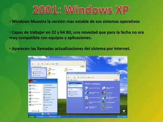 • Windows Muestra la versión mas estable de sus sistemas operativos

• Capaz de trabajar en 32 y 64 Bit, una novedad que para la fecha no era
muy compatible con equipos y aplicaciones.

• Aparecen las llamadas actualizaciones del sistema por internet.
 