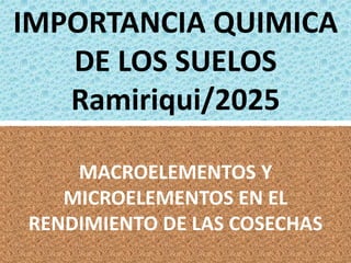 IMPORTANCIA QUIMICA
DE LOS SUELOS
Ramiriqui/2025
MACROELEMENTOS Y
MICROELEMENTOS EN EL
RENDIMIENTO DE LAS COSECHAS
 