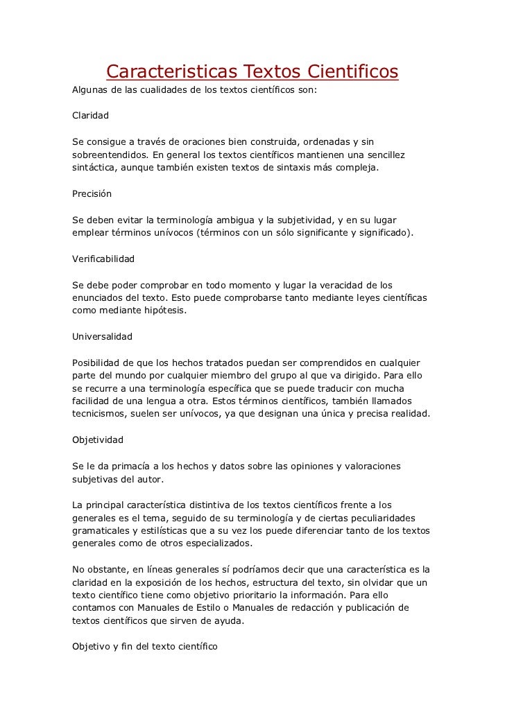 Caracteristicas textos cientificos Caracteristicas textos cientificos