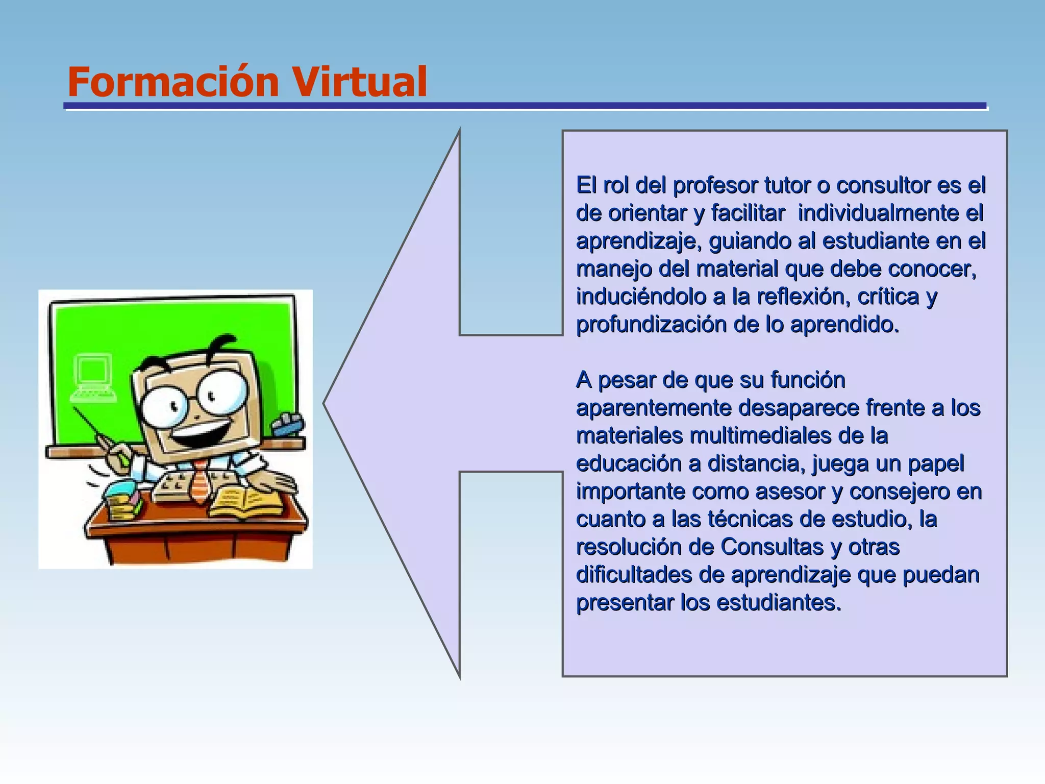 Formación Virtual El rol del profesor tutor o consultor es el de orientar y facilitar  individualmente el  aprendizaje, guiando al estudiante en el  manejo del material que debe conocer,  induciéndolo a la reflexión, crítica y  profundización de lo aprendido. A pesar de que su función  aparentemente desaparece frente a los  materiales multimediales de la  educación a distancia, juega un papel  importante como asesor y consejero en  cuanto a las técnicas de estudio, la  resolución de Consultas y otras  dificultades de aprendizaje que puedan  presentar los estudiantes. 