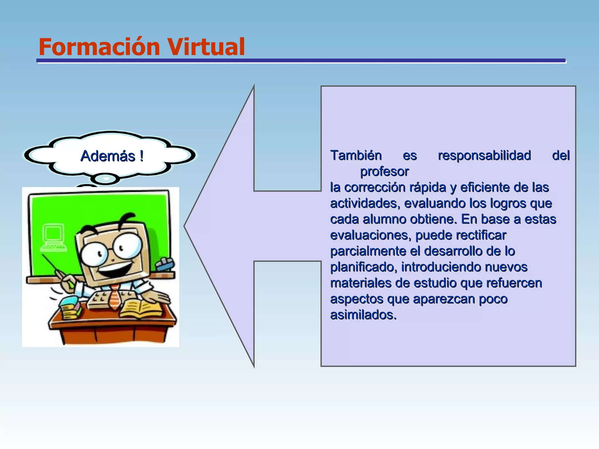 Formación Virtual Además ! También es responsabilidad del profesor  la corrección rápida y eficiente de las  actividades, evaluando los logros que  cada alumno obtiene. En base a estas  evaluaciones, puede rectificar  parcialmente el desarrollo de lo  planificado, introduciendo nuevos  materiales de estudio que refuercen  aspectos que aparezcan poco  asimilados. 