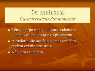 Os moluscos
Características dos moluscos
 Têm o corpo mole e alguns podem ter
conchas ou placas que os protegem;
 A maioria são aquáticos, mas também
podem existir terrestres;
 Não têm esqueleto.
 