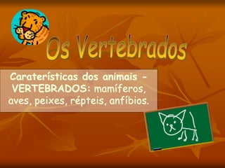 Caraterísticas dos animais -
VERTEBRADOS: mamíferos,
aves, peixes, répteis, anfíbios.
 