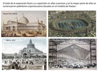 El éxito de la exposición llevó a su repetición en años sucesivos y en la mayor parte de ellas se
construyeron pabellones espectaculares basados en el modelo de Paxton:
Nueva York (1853) París (1867)
Filadelfia (1876)Viena, 1873
 