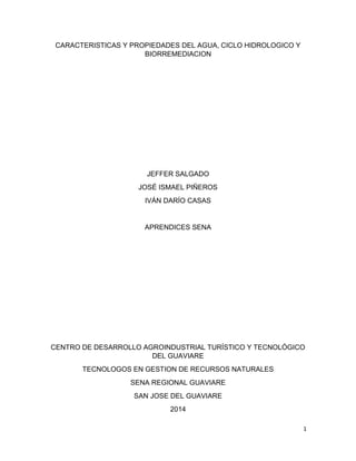 1
CARACTERISTICAS Y PROPIEDADES DEL AGUA, CICLO HIDROLOGICO Y
BIORREMEDIACION
JEFFER SALGADO
JOSÉ ISMAEL PIÑEROS
IVÁN DARÍO CASAS
APRENDICES SENA
CENTRO DE DESARROLLO AGROINDUSTRIAL TURÍSTICO Y TECNOLÓGICO
DEL GUAVIARE
TECNOLOGOS EN GESTION DE RECURSOS NATURALES
SENA REGIONAL GUAVIARE
SAN JOSE DEL GUAVIARE
2014
 