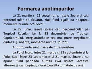 Formarea anotimpurilor
La 21 martie și 23 septembrie, razele Soarelui cad
perpendicular pe Ecuator, ziua fiind egală cu noaptea,
momente numite echinocții.
La 22 iunie, razele solare cad perpendicular pe
Tropicul Racului, iar la 23 decembrie, pe Tropicul
Capricornului, înregistrându-se cea mai mare inegalitate
dintre zi și noapte, momente numite solstiții.
Anotimpurile sunt inversate între emisfere.
La Polul Nord, între 21 martie și 23 septembrie și la
Polul Sud, între 23 septembrie și 21 martie, Soarele nu
apune, fiind perioada numită ziua polară. Aceasta
alternează cu noaptea polară (cealaltă jumătate de an).
 