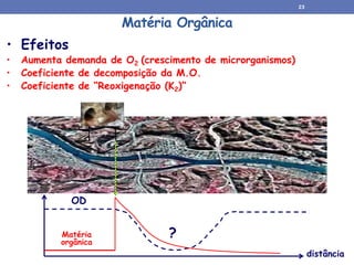 Matéria Orgânica
• Efeitos
• Aumenta demanda de O2 (crescimento de microrganismos)
• Coeficiente de decomposição da M.O.
• Coeficiente de “Reoxigenação (K2)”
distância
OD
Matéria
orgânica
?
23
 