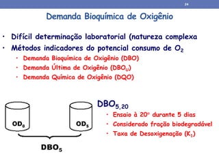 Demanda Bioquímica de Oxigênio
• Difícil determinação laboratorial (natureza complexa
• Métodos indicadores do potencial consumo de O2
• Demanda Bioquímica de Oxigênio (DBO)
• Demanda Última de Oxigênio (DBOU)
• Demanda Química de Oxigênio (DQO)
DBO5,20
• Ensaio à 20 durante 5 dias
• Considerado fração biodegradável
• Taxa de Desoxigenação (K1)
24
 