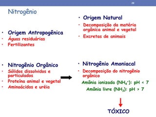 Nitrogênio
• Origem Natural
• Decomposição da matéria
orgânica animal e vegetal
• Excretas de animais
• Origem Antropogênica
• Águas residuárias
• Fertilizantes
• Nitrogênio Amoniacal
• Decomposição do nitrogênio
orgânico
Amônia ionizada (NH4
+): pH < 7
Amônia livre (NH3): pH > 7
TÓXICO
• Nitrogênio Orgânico
• Sólidos dissolvidos e
particulados
• Proteína animal e vegetal
• Aminoácidos e uréia
29
 