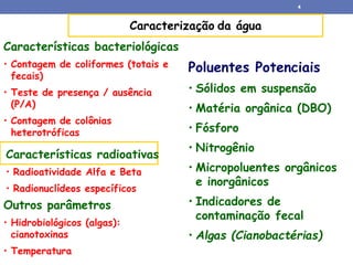 Características bacteriológicas
• Contagem de coliformes (totais e
fecais)
• Teste de presença / ausência
(P/A)
• Contagem de colônias
heterotróficas
Características radioativas
• Radioatividade Alfa e Beta
• Radionuclídeos específicos
Outros parâmetros
• Hidrobiológicos (algas):
cianotoxinas
• Temperatura
Poluentes Potenciais
• Sólidos em suspensão
• Matéria orgânica (DBO)
• Fósforo
• Nitrogênio
• Micropoluentes orgânicos
e inorgânicos
• Indicadores de
contaminação fecal
• Algas (Cianobactérias)
Caracterização da água
4
 