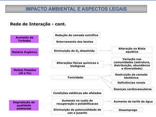 Rede de Interação - cont.
Aumento da
Turbidez
Matéria Orgânica
Metais Pesados
(Al e Fe)
Degradação da
qualidade
ambiental
Redução da camada eutrófica
Diminuição do O2 dissolvido
Alteração na Biota
aquática
Condições estéticas são afetadas
Aumento no custo de
recuperação e potabillizacao
Diminuição da potencialidade de
uso a jusante
Desemprego
Aumento da tarifa de água
Soterramento dos bentos
Alterações físicas químicas e
biológicas
Toxicidade
Variação nas
comunidades (estrutura,
distribuição, abundância
e diversidade)
Destruição da camada
bentônica
Deficiências renais
Doenças cardiovasculares
IMPACTO AMBIENTAL E ASPECTOS LEGAIS
 