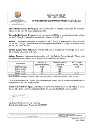 LABORATORIO AMBIENTAL DEL
DAGMA
SERVICIO AL CLIENTE
SISTEMAS DE GESTIÓN
SGC - MECI - SISTEDA
INFORME TECNICO LABORATORIO AMBIENTAL DEL DAGMA
Este documento no debe reproducirse parcial ó totalmente sin previa autorización del Laboratorio
Ambiental del DAGMA
Laboratorio Ambiental del DAGMA
Dirección: Cra.16 # 15-75 Barrio Guayaquil – Cali
Teléfono: 8896733
OT-009-2011 (Agosto)
Página 43 de 43
Demanda Bioquímica de Oxígeno: La concentración a la entrada y a la salida del perímetro
urbano fue de 1,9 y 2,6 mg/L respectivamente.
Demanda Química de Oxígeno: La concentración de DQO a la entrada al perímetro urbano
fue de 33,75 mg/L, y a la salida del perímetro urbano de 35,20 mg/L.
Nitratos: La concentración para la entrada fue de 27,7 mg/L y a la desembocadura al canal
sur fue de 22,9 mg/L; estas concentraciones superan el límite de 10,0 mg/L establecido en el
Art. 38. Dec. 1594 de 1984.
Sólidos Suspendidos Totales: El valor de SST para la entrada fue de 4,0 mg/L y a la salida
del perímetro urbano de 41,0 mg/L.
Metales Pesados: Las concentraciones (en mg/L) de Cadmio, Cromo, Níquel y Plomo a la
entrada al perímetro urbano y a la desembocadura al canal sur fueron:
Parámetro
Entrada al
perímetro urbano
Desembocadura
Canal Sur
Art. 38. Dec.
1594 de 1984
Cadmio (mg/L) 0,01 0,008 0,01
Cromo (mg/L) ND ND -
Níquel (mg/L) ND ND -
Plomo (mg/L) ND ND 0.05
ND: No Detectable
Limites de Detección: Detergentes (0.025 mg/L), Cadmio (0.002 mg/L), Cromo (0.02 mg/L), Níquel (0.02 mg/L), Plomo (0.01 mg/L)
Las concentraciones de Cadmio y Plomo están por debajo de los límites establecidos en la
norma del Art. 38. Dec. 1594 de 1984.
Índice de Calidad del Agua: A la entrada al perímetro urbano el ICA fue de 0,85; a la salida
descendió a 0,83; en ambos casos la calidad del agua es clasificada como aceptable.
Ing. Edgar Humberto Herrera Figueroa
Coordinador Laboratorio Ambiental del DAGMA
 