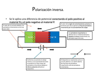 Polarización inversa.
• Se le aplica una diferencia de potencial conectando el polo positivo al
material N y el polo negativo al material P.
Material P Material N
El valor de la región de estrechamiento aumenta de
tal forma que sólo se genere un flujo de portadores
minoritarios por el acumulamiento de cargas
Los portadores mayoritarios se
obtienen de un material extrínseco
dopado en exceso produciendo una
densidad mayor de iones.
Conforme se aumente el voltaje
inverso y a la acumulación de iones
se producirá un flujo mayor de
portadores minoritarios debido al
efecto avalancha dañando al
dispositivo.
El valor de la corriente debida a los
portadores minoritarios es de muy
poco valor.
El dispositivo se representa como un
circuito abierto o un switch abierto.
No hay flujo de portadores
mayoritarios solo de portadores
minoritarios.
 