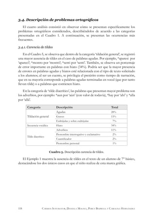 3.4. Descripción de problemas ortográficos
El cuarto análisis consistió en observar cómo se presentan específicamente los
problemas ortográficos considerados, describiéndolos de acuerdo a las categorías
presentadas en el Cuadro 1. A continuación, se presentan las ocurrencias más
frecuentes.
3.4.1. Carencia de tildes
En el Cuadro 5, se observa que dentro de la categoría ‘tildación general’, se registró
una mayor ausencia de tildes en el caso de palabras agudas. Por ejemplo, *aparesi por
‘aparecí’; *mostro por ‘mostró’; *senti por ‘sentí’. También, se observa un porcentaje
de error importante en palabras con hiato (34%). Podría ser que la mayor presencia
de errores en palabras agudas y hiatos esté relacionada con el tipo de texto solicitado
a los alumnos; al ser un cuento, se privilegia el pretérito como tiempo de narración,
que en su mayoría corresponde a palabras agudas terminadas en vocal (que por tanto
llevan tilde) o a palabras que contienen hiato.
En la categoría de ‘tilde diacrítico’, las palabras que presentan mayor problema son
los adverbios, por ejemplo: *aun por ‘aún’ (con valor de todavía), *hay por ‘ahí’ y *alla
por ‘allá’.
Categoría Descripción Total
Tildación general
Agudas 28%
Graves 15%
Esdrújulas y sobre esdrújulas 7%
Secuencia vocálica Hiato 34%
Tilde diacrítico
Adverbios 11%
Pronombre interrogativo y exclamativo 2%
Cuantificador 2%
Pronombre personal 1%
Cuadro 5. Descripción carencia de tildes.
El Ejemplo 1 muestra la ausencia de tildes en el texto de un alumno de 7° básico,
destacándose los dos únicos casos en que el niño realiza de esta marca gráfica.
118 Carmen Sotomayor, Daniela Molina, Percy Bedwell y Carolina Hernández
 