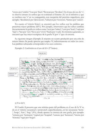 *estava por ‘estaba’; *ivan por ‘iban’; *llevavan por ‘llevaban’. En el caso de uso de ‘v’,
se observó errores en verbos que no contienen el fonema /b/ en el infinitivo y que
se escriben con ‘v’ en su conjugación, con excepción del pretérito imperfecto, por
ejemplo: *detubieron por ‘detuvieron’, *tubieron por ‘tuvieron’, *bamos por ‘vamos’.
En cuanto al ‘criterio léxico’, se encontró que los verbos son las palabras que
presentan mayor problema (42%). Por ejemplo, observamos que los niños cambian
frecuentemente la grafía en verbos como *aver por ‘haber’; *votó por ‘botó’; *vajó por
‘bajó’ o *ber por ‘ver’; *bivio por ‘vivió’; *buela por ‘vuela’. En términos generales, se
encontró que hay mayor reemplazo de la grafía ‘b’ por ‘v’ que a la inversa.
La siguiente imagen (Ejemplo 2) muestra un cuento producido por una niña de
tercero básico. Se puede apreciar que emplea ‘b’, indistintamente en todos los casos.
Las palabras subrayadas corresponden a los usos correctos.
Ejemplo 2. Confusión en el uso de b/v (5° básico).
a) Uso de h
El Cuadro 8 presenta que una mínima parte del problema en el uso de la ‘h’ se
da en el ‘criterio secuencial o posicional’, específicamente, en las secuencias ‘herm-
’, ‘hosp-’, ‘hist-’, ‘hog-’ (9%), donde aparece la carencia de esta grafía, por ejemplo:
*ermana por ‘hermana’; *ospital por ‘hospital’; *ermoso por ‘hermoso’; *istoria por
‘historia’; *ogar por ‘hogar’.
121Revista Signos. Estudios de Lingüística 2013, 46(81)
 
