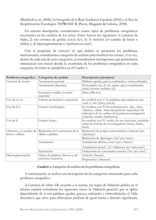 (Backhoff et al., 2008), la Ortografía de la Real Academia Española (2010) y el Test de
Simplificación Fonológica TEPROSIF-R (Pavez, Maggiolo & Coloma, 2008).
En nuestra descripción, consideramos cuatro tipos de problemas ortográficos
recurrentes en los escritos de los niños. Estos fueron los siguientes: 1) carencia de
tildes, 2) uso erróneo de grafías (s/c/z; b/v; h) 3) omisión y/o cambio de letras o
sílabas y, 4) hiposegmentación o ‘escritura en carro’.
Con el propósito de conocer en qué ámbito se presentan los problemas
mencionados, consideramos categorías de análisis para clasificar los errores. A su vez,
dentro de cada una de estas categorías, se consideraron descripciones que permitieron
sistematizar con mayor detalle la ocurrencia de los problemas ortográficos en cada
categoría, tal como se ejemplifica en el Cuadro 1.
Cuadro 1. Categorías de análisis de los problemas ortográficas.
A continuación, se realiza una descripción de las categorías enunciadas para cada
problema ortográfico:
a) Carencia de tildes: De acuerdo a la norma, las reglas de tildación gráfica en el
idioma español consideran los siguientes casos: la ‘tildación general’, que se aplica
dependiendo de si son palabras agudas, graves, esdrújulas y sobresdrújulas; el ‘tilde
diacrítico’, que sirve para diferenciar palabras de igual forma y distinto significado;
Problema ortográfico Categorías de análisis Descripción (ejemplos)
Carencia de acento Acentuación general Palabras agudas, graves, esdrújulas y sobreesdrújulas
Acentuación diacrítica Pronombres (tú, él, mí, quién, qué); cuantificador
(más); formas verbales (sé)
Secuencia vocálica (vocales
seguidas)
Hiato (Ma-rí-a)
Uso de c/s/z Criterio posicional o secuencial Se escriben con ‘c’ las palabras que empiezan por
-cerc o -circ (circo, cercar)
Uso de b/v Criterio morfológico Se escriben con ‘b’ las terminaciones -aba, -abas,
-ábamos, -abais, -aban del pretérito imperfecto de
indicativo de los verbos de la primera conjugación
(cantaba, amaba, bajábamos)
Uso de h Criterio léxico Se escriben con ‘h’ verbos de uso frecuente, incluidas
todas las formas de su conjugación (hacer, haber,
herir)
Omisión y/o cambio de
letras o sílabas
Reducción de la estructura de la
sílaba o palabra
Reducción de grupos consonánticos (‘mienta’ por
‘mientras’)
Reducción de diptongos (‘ato’ por ‘auto’)
Asimilación Asimilación idéntica (‘aser’ por a ‘hacer’)
Asimilación dental /d/ (‘didetora’ por ‘directora’)
Sustitución Oralización de consonantes nasales (‘los’ por ‘nos’)
Hiposegmentación Clases de palabras (breves y sin
referente concreto)
Artículo (‘lacasa’)
Preposición (‘abuscar’)
113Revista Signos. Estudios de Lingüística 2013, 46(81)
 