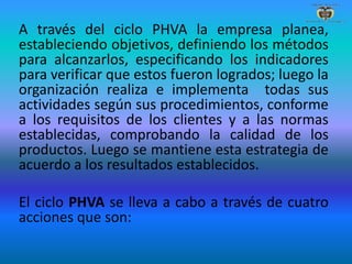A través del ciclo PHVA la empresa planea,
estableciendo objetivos, definiendo los métodos
para alcanzarlos, especificando los indicadores
para verificar que estos fueron logrados; luego la
organización realiza e implementa todas sus
actividades según sus procedimientos, conforme
a los requisitos de los clientes y a las normas
establecidas, comprobando la calidad de los
productos. Luego se mantiene esta estrategia de
acuerdo a los resultados establecidos.
El ciclo PHVA se lleva a cabo a través de cuatro
acciones que son:
 