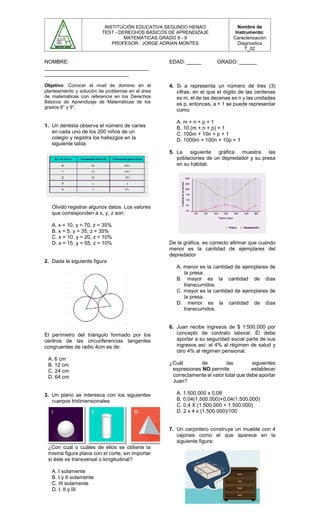 INSTITUCIÓN EDUCATIVA SEGUNDO HENAO
TEST - DERECHOS BÁSICOS DE APRENDIZAJE
MATEMÁTICAS GRADO 8 - 9
PROFESOR: JORGE ADRIAN MONTES
Nombre de
Instrumento:
Caracterización
Diagnostica
T_02
NOMBRE:
____________________________________
_____________________________
Objetivo: Conocer el nivel de dominio en el
planteamiento y solución de problemas en el área
de matemáticas con referencia en los Derechos
Básicos de Aprendizaje de Matemáticas de los
grados 8° y 9°.
1. Un dentista observa el número de caries
en cada uno de los 200 niños de un
colegio y registra los hallazgos en la
siguiente tabla:
Olvidó registrar algunos datos. Los valores
que corresponden a x, y, z son:
A. x = 10, y = 70, z = 35%
B. x = 5, y = 35, z = 35%
C. x = 10, y = 20, z = 10%
D. x = 15, y = 55, z = 10%
2. Dada la siguiente figura
El perímetro del triángulo formado por los
centros de las circunferencias tangentes
congruentes de radio 4cm es de:
A. 6 cm
B. 12 cm
C. 24 cm
D. 64 cm
3. Un plano se interseca con los siguientes
cuerpos tridimensionales
¿Con cuál o cuáles de ellos se obtiene la
misma figura plana con el corte, sin importar
si éste es transversal o longitudinal?
A. I solamente
B. I y II solamente
C. III solamente
D. I, II y III
EDAD: _____ GRADO: ______
4. Si a representa un número de tres (3)
cifras, en el que el dígito de las centenas
es m, el de las decenas es n y las unidades
es p, entonces, a + 1 se puede representar
como
A. m + n + p + 1
B. 10 (m + n + p) + 1
C. 100m + 10n + p + 1
D. 1000m + 100n + 10p + 1
5. La siguiente gráfica muestra las
poblaciones de un depredador y su presa
en su hábitat.
De la gráfica, es correcto afirmar que cuando
menor es la cantidad de ejemplares del
depredador
A. menor es la cantidad de ejemplares de
la presa.
B. mayor es la cantidad de días
transcurridos.
C. mayor es la cantidad de ejemplares de
la presa.
D. menor es la cantidad de días
transcurridos.
6. Juan recibe ingresos de $ 1’500.000 por
concepto de contrato laboral. Él debe
aportar a su seguridad social parte de sus
ingresos así: el 4% al régimen de salud y
otro 4% al régimen pensional.
¿Cuál de las siguientes
expresiones NO permite establecer
correctamente el valor total que debe aportar
Juan?
A. 1.500.000 x 0,08
B. 0,04(1.500.000)+0,04(1.500.000)
C. 0,4 X (1.500.000 + 1.500.000)
D. 2 x 4 x (1.500.000)/100
7. Un carpintero construye un mueble con 4
cajones como el que aparece en la
siguiente figura:
 